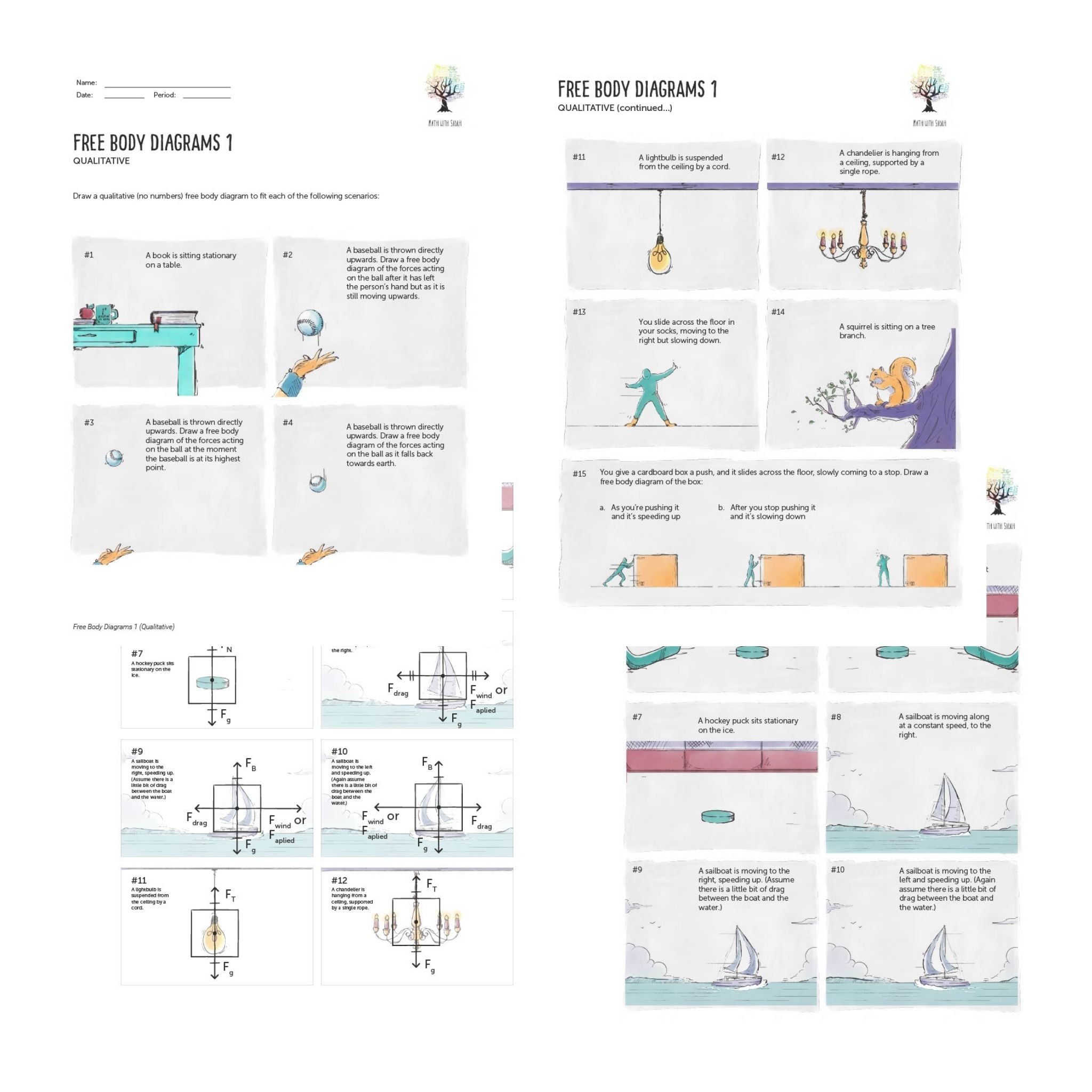 4 pages of worksheets of free body diagrams with various physics scenarios on a white background