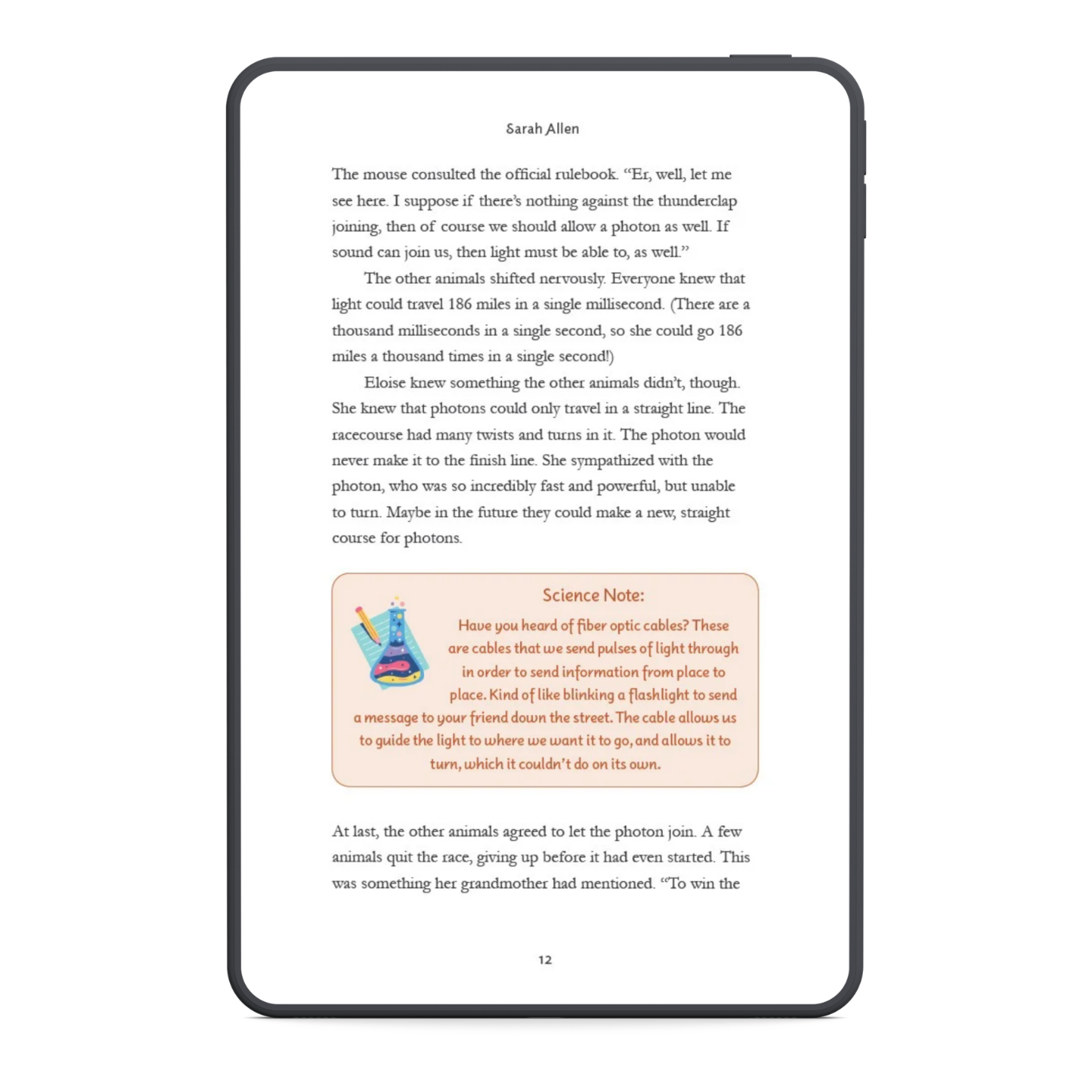 Digital book page with text and a science note on a tablet screen