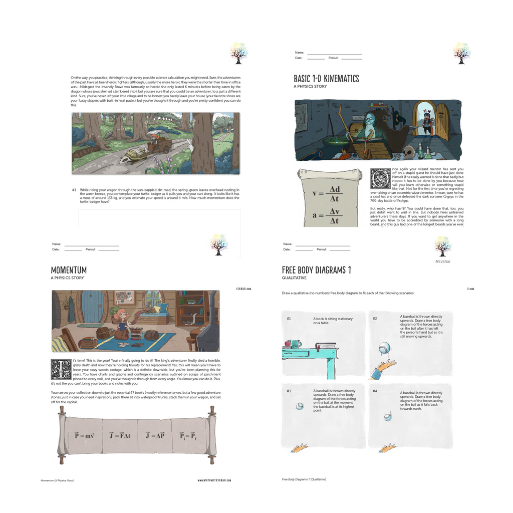 Educational worksheet pages with illustrations and text