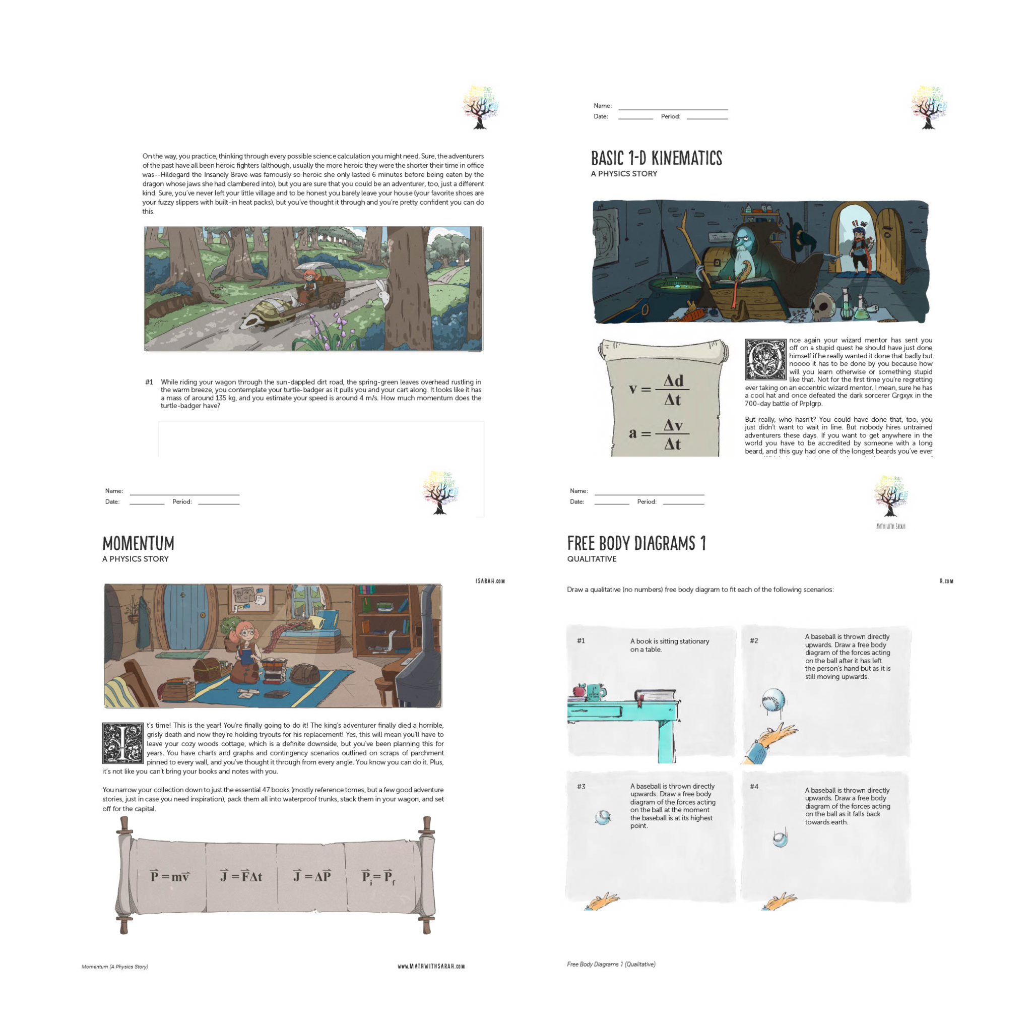 Educational worksheet pages with illustrations and text