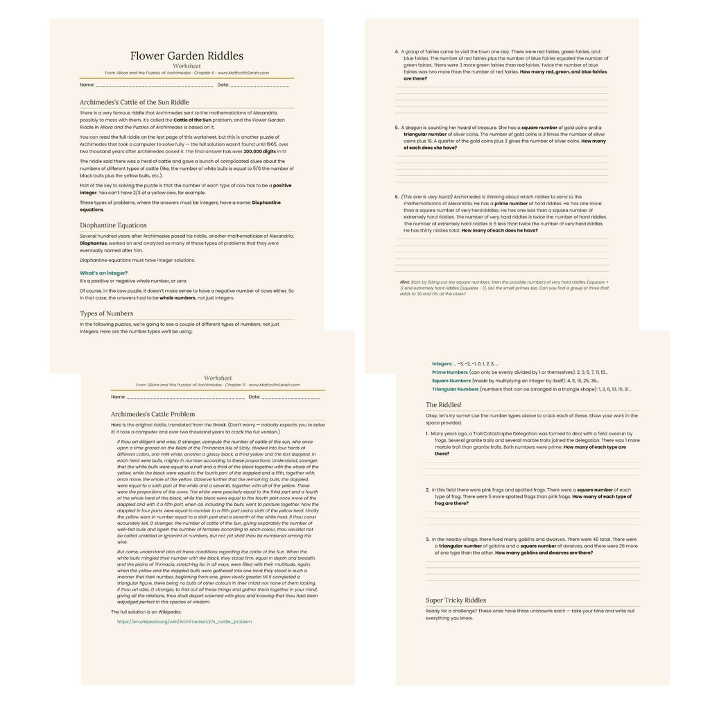 Flower Garden Riddles worksheet with text on a beige background
