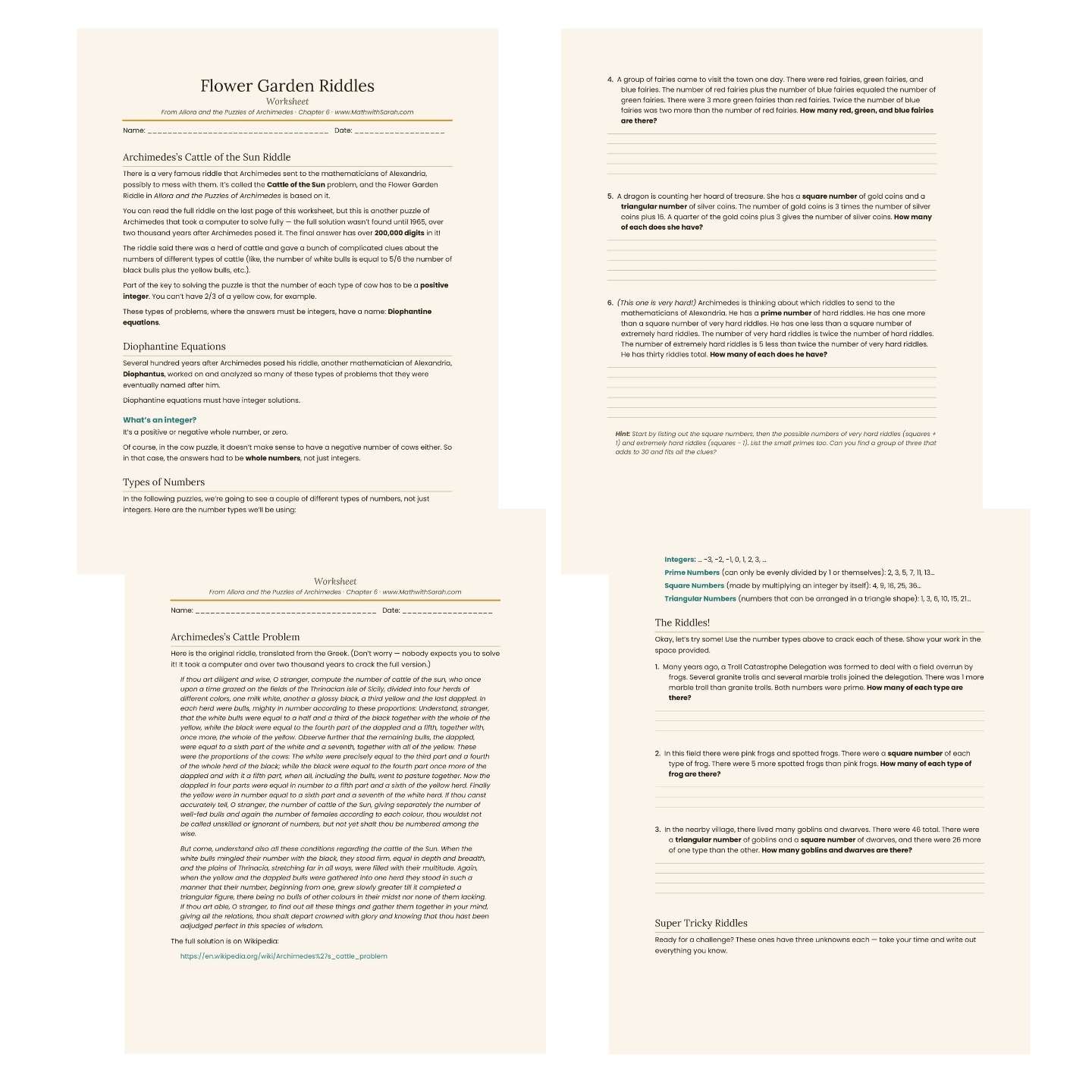 Flower Garden Riddles worksheet with text on a beige background
