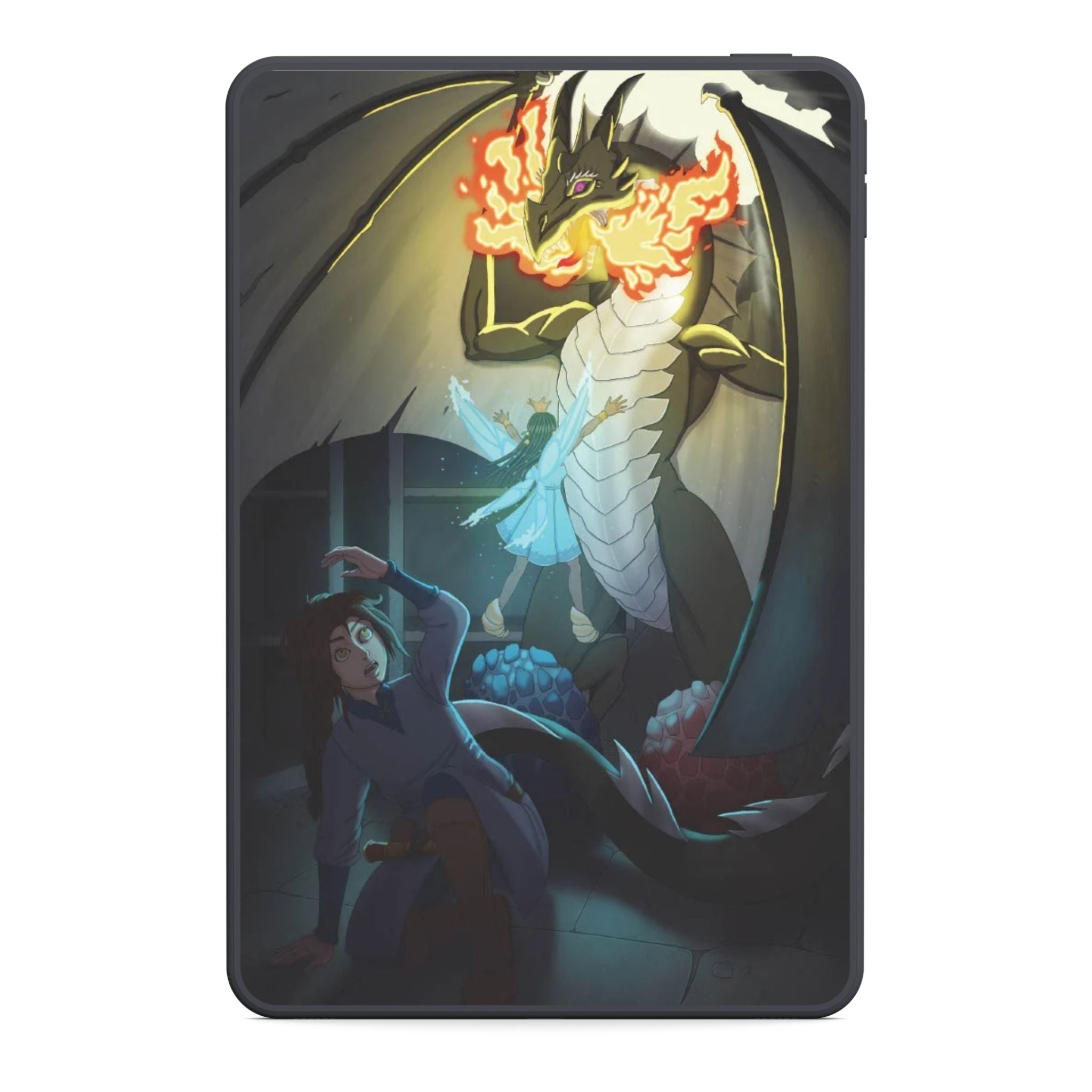 Illustration of a dragon and a fairy in a dark room
