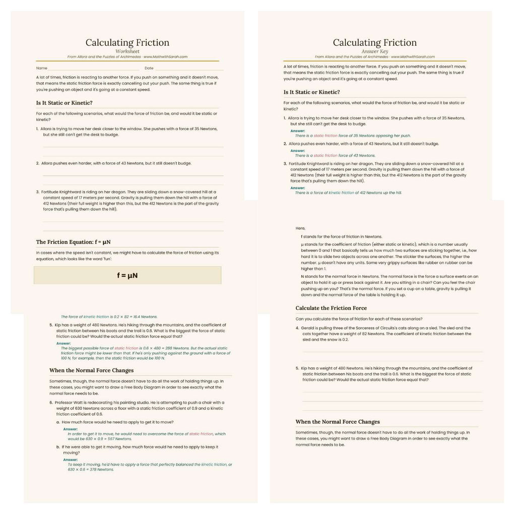 Four pages from a physics worksheet on calculating friction.
