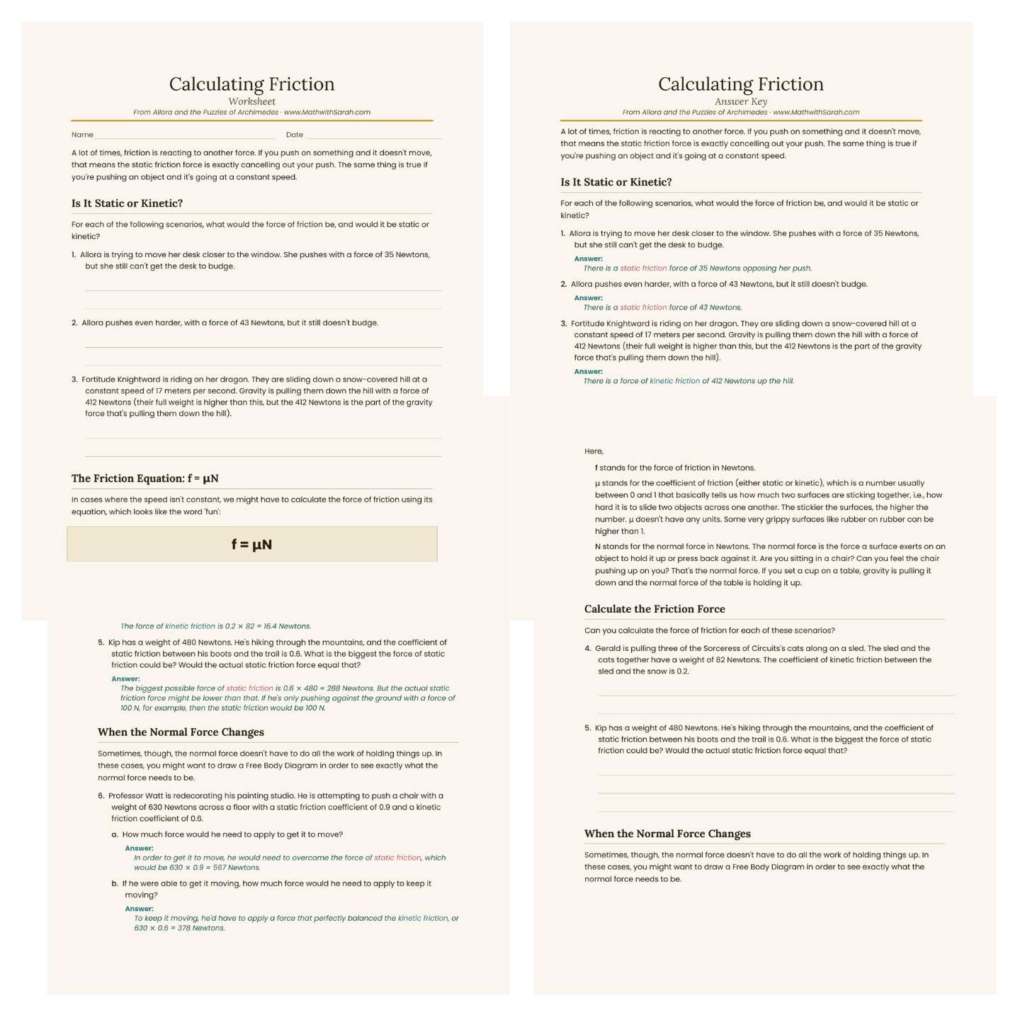 Four pages from a physics worksheet on calculating friction.