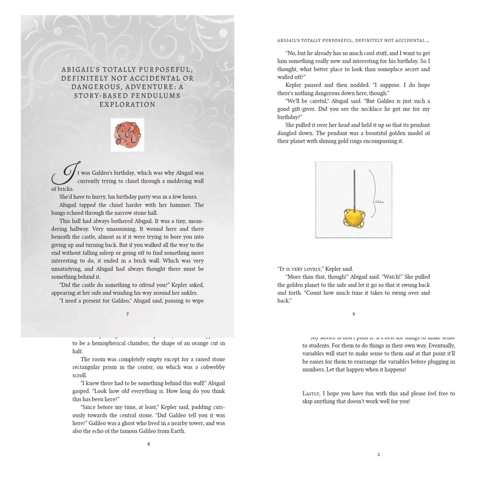 Four book pages with text and a small illustration of a gold pendant and a moon.