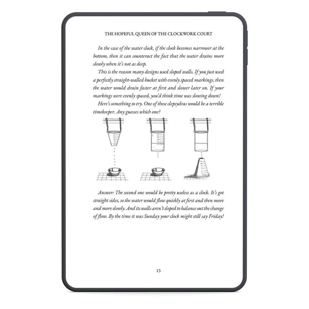 A page of the ebook with a small sketch of three different water clocks