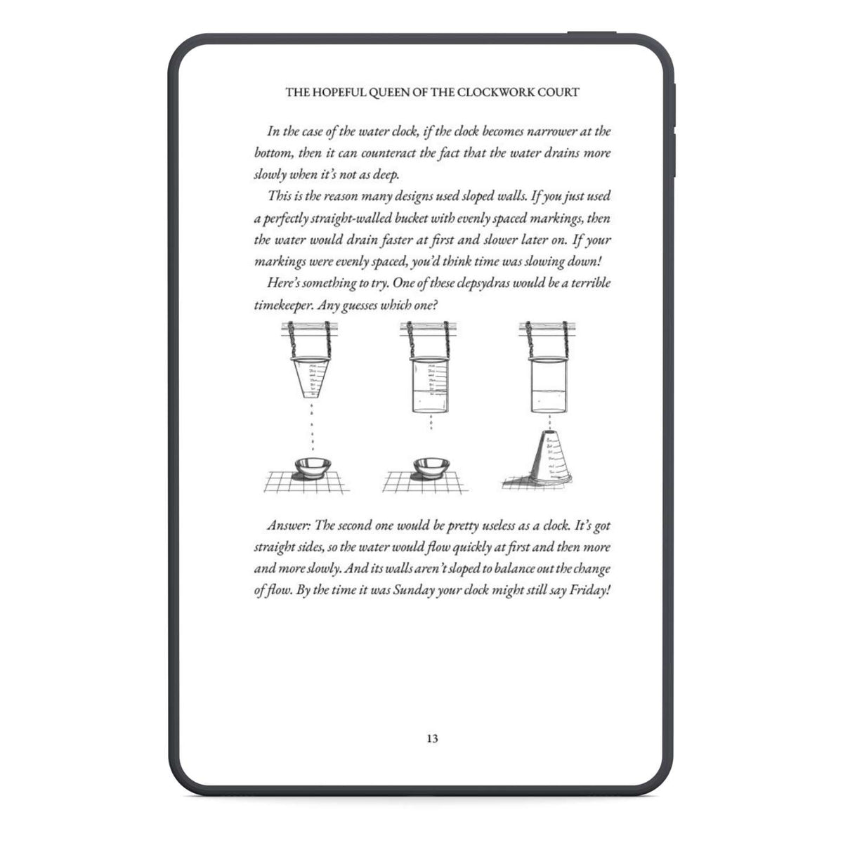 A page of the ebook with a small sketch of three different water clocks