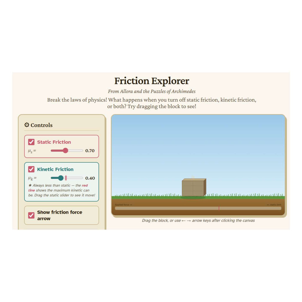 Friction Explorer interactive tool with controls for static and kinetic friction on a beige background.