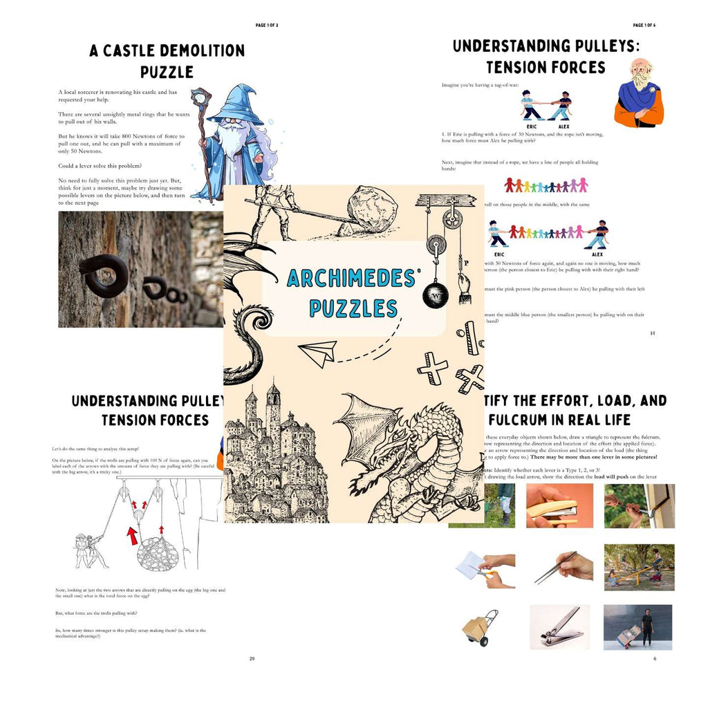 Educational page with illustrations and text on pulleys and Archimedes' puzzles.