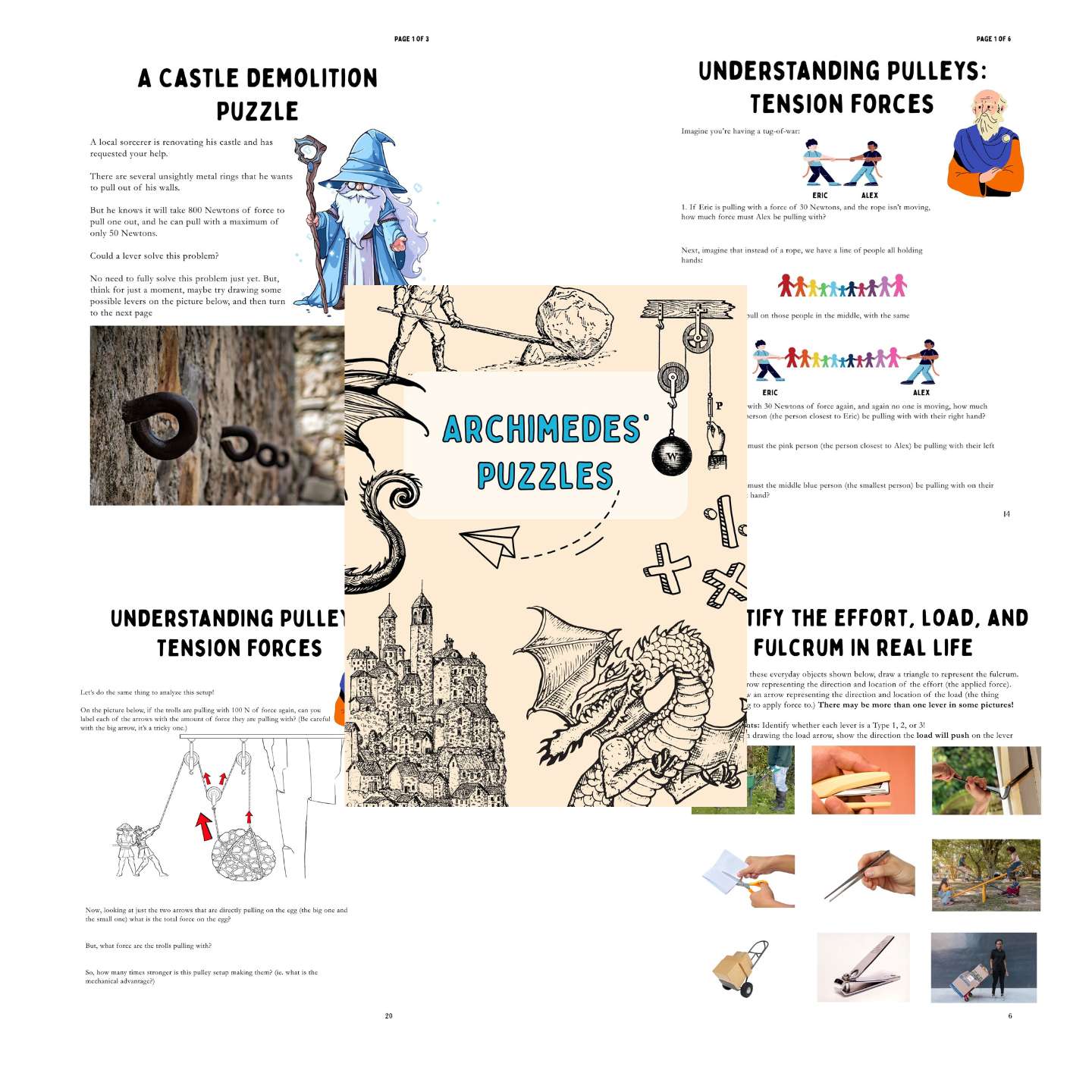 Educational page with illustrations and text on pulleys and Archimedes' puzzles.