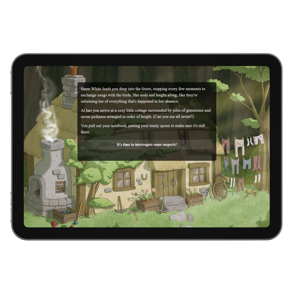 a tablet with an illustration of a cute cottage and some text with a button