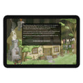 a tablet with an illustration of a cute cottage and some text with a button