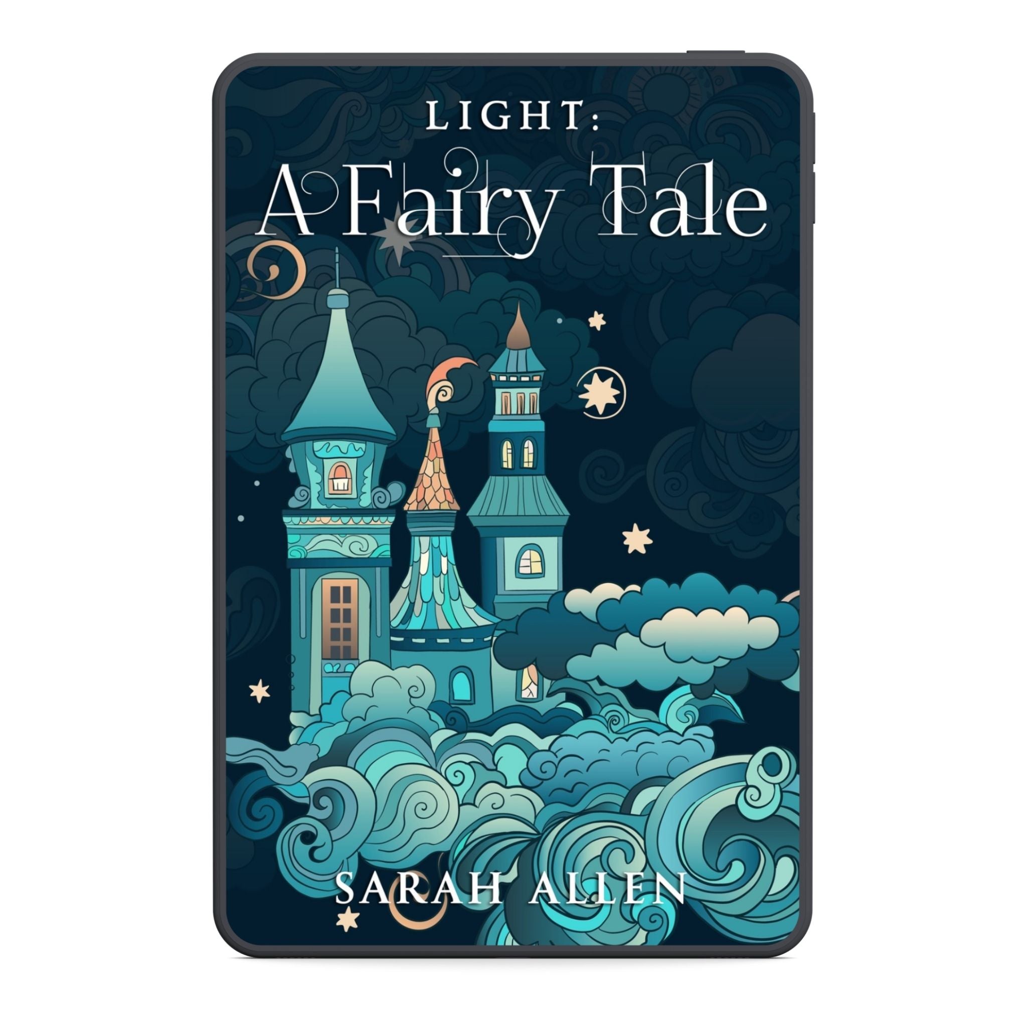 Book cover of 'Light: A Fairy Tale' by Sarah Allen with a castle design on a dark background.