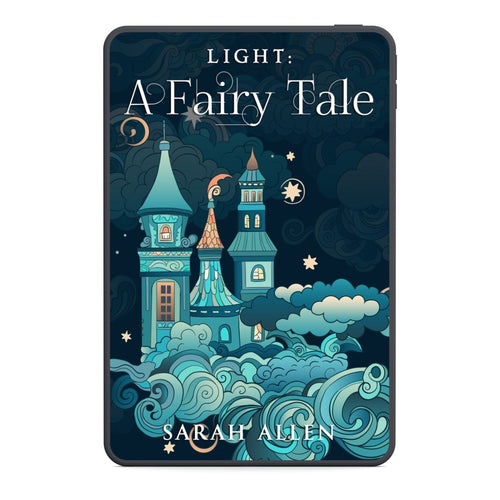 Book cover of 'Light: A Fairy Tale' by Sarah Allen with a castle design on a dark background.