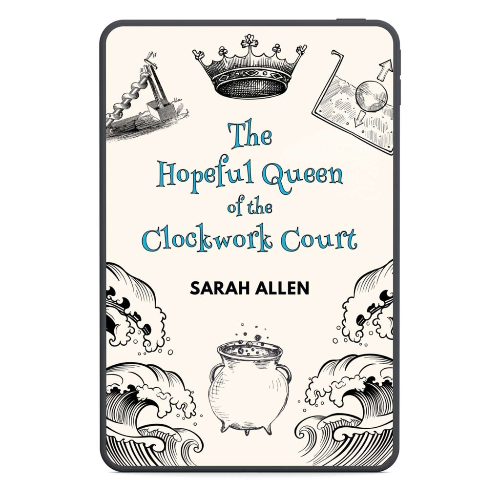An ebook called The Hopeful Queen of the Clockwork Court shown on a phone