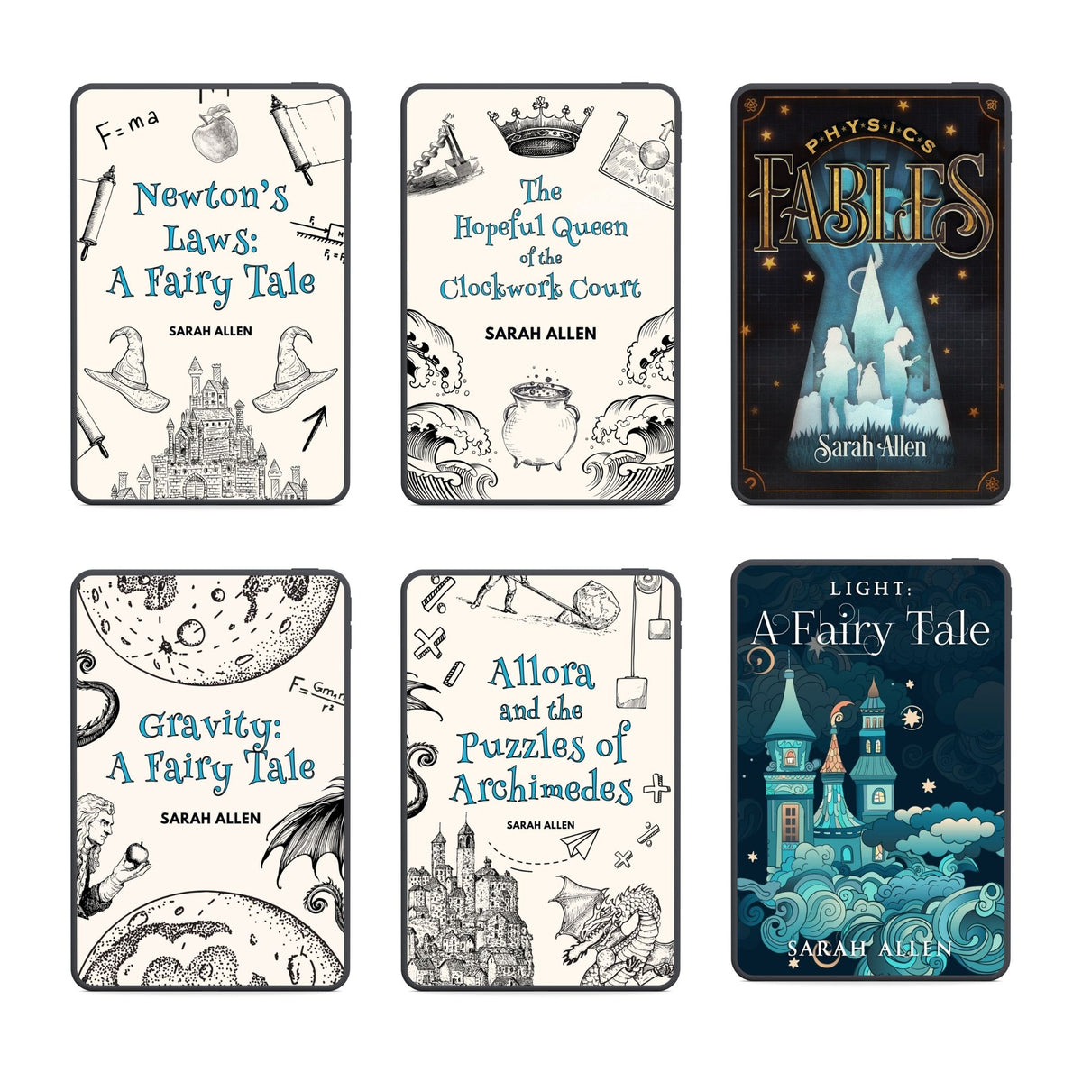 six ebook covers: Newton's Laws, Hopeful Queen, Fables, Gravity, Allora, and Light