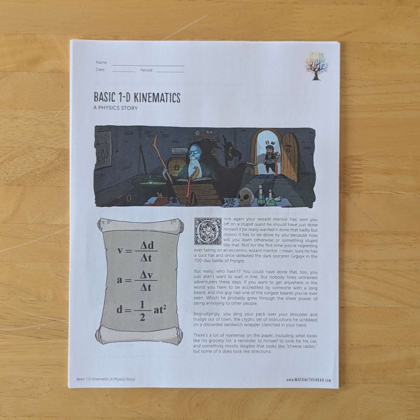 A printed educational worksheet titled 'BASIC 1-D KINEMATICS' laid flat on a light wood surface. The page includes a small color illustration, a scroll graphic with kinematic equations, and blocks of text explaining motion.