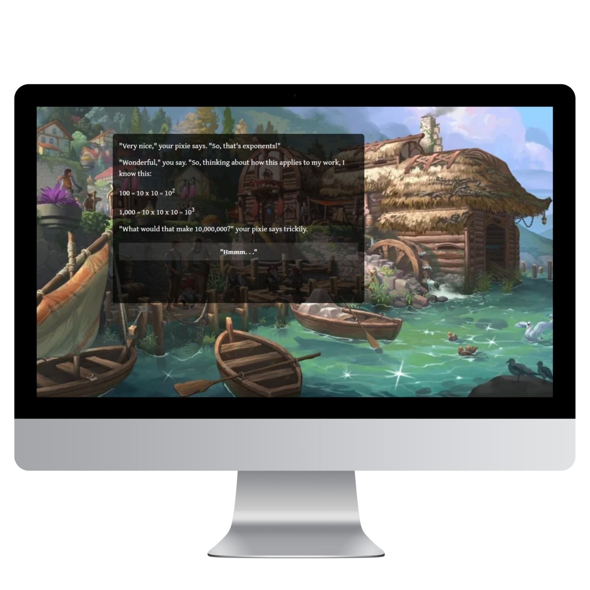 Computer monitor displaying a scenic village with boats and a dialogue box.