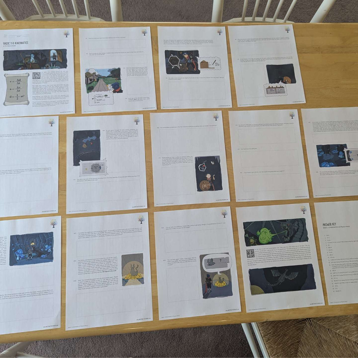 A wooden table covered with multiple printed storyboard or script pages featuring illustrated scenes and text blocks, photographed from above.