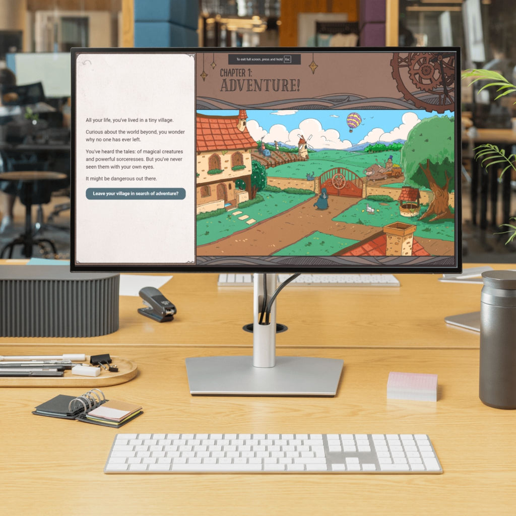 Computer monitor displaying a game on a desk with office background