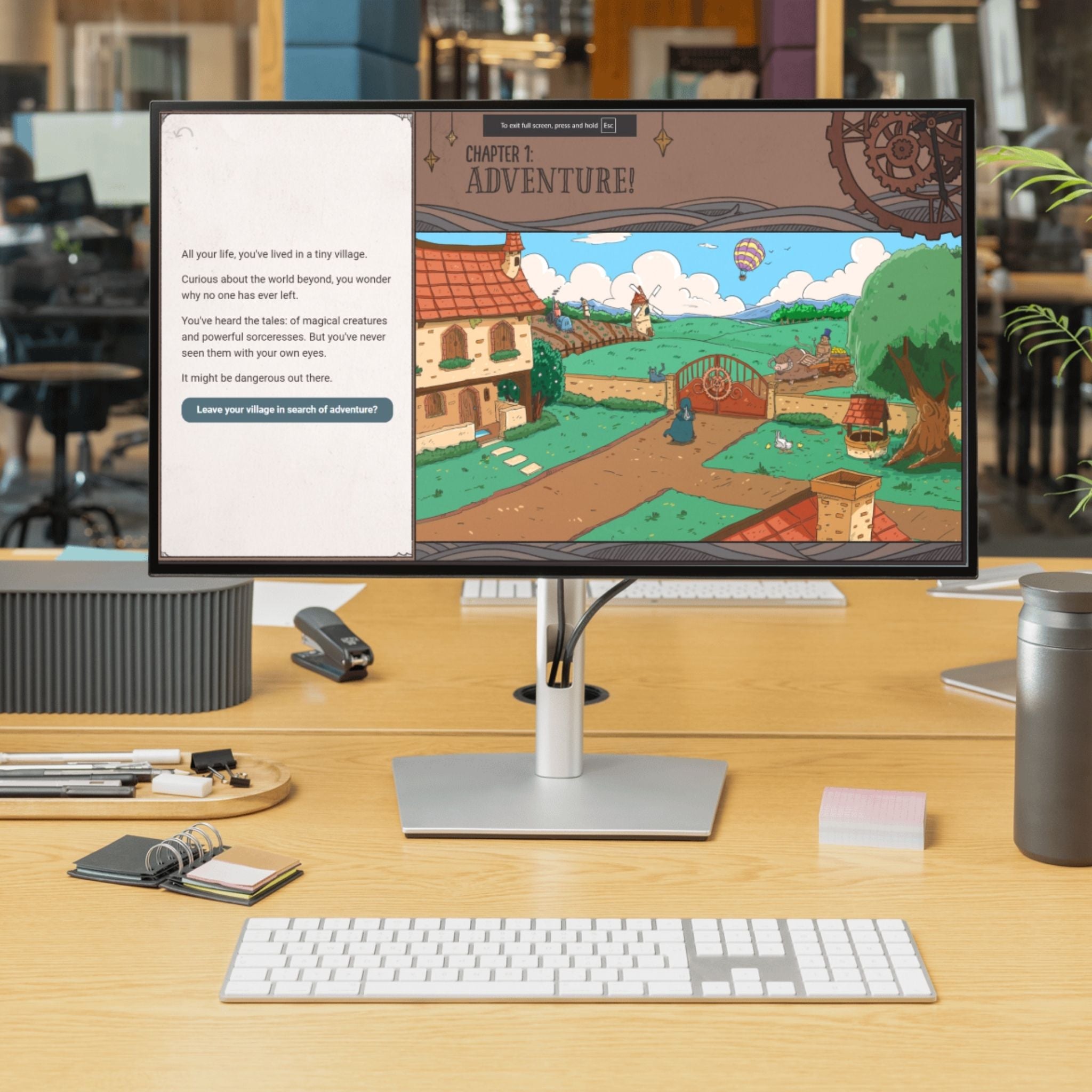 Computer monitor displaying a game on a desk with office background