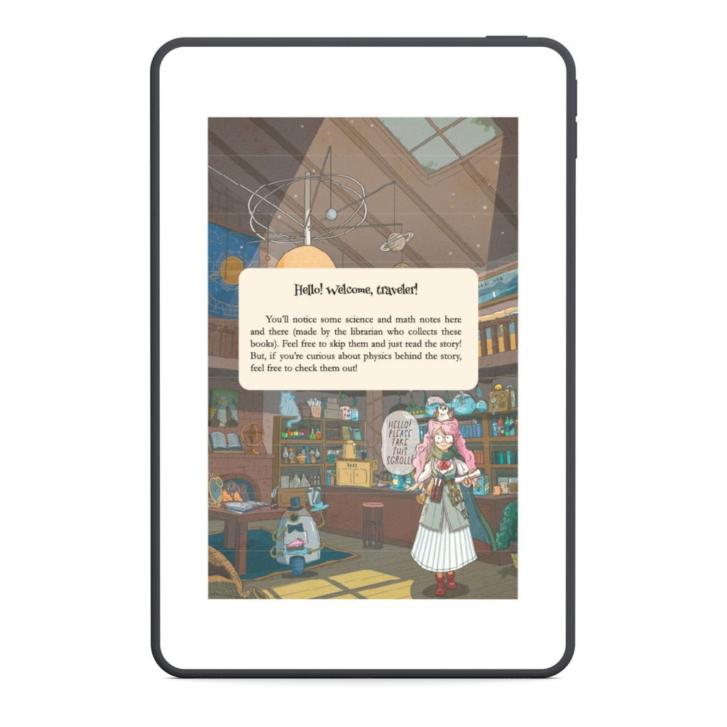 Illustration of a character in a library with a tablet displaying text.