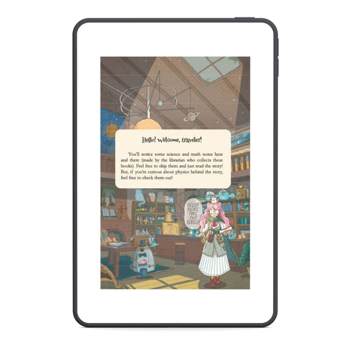 Illustration of a character in a library with a tablet displaying text.