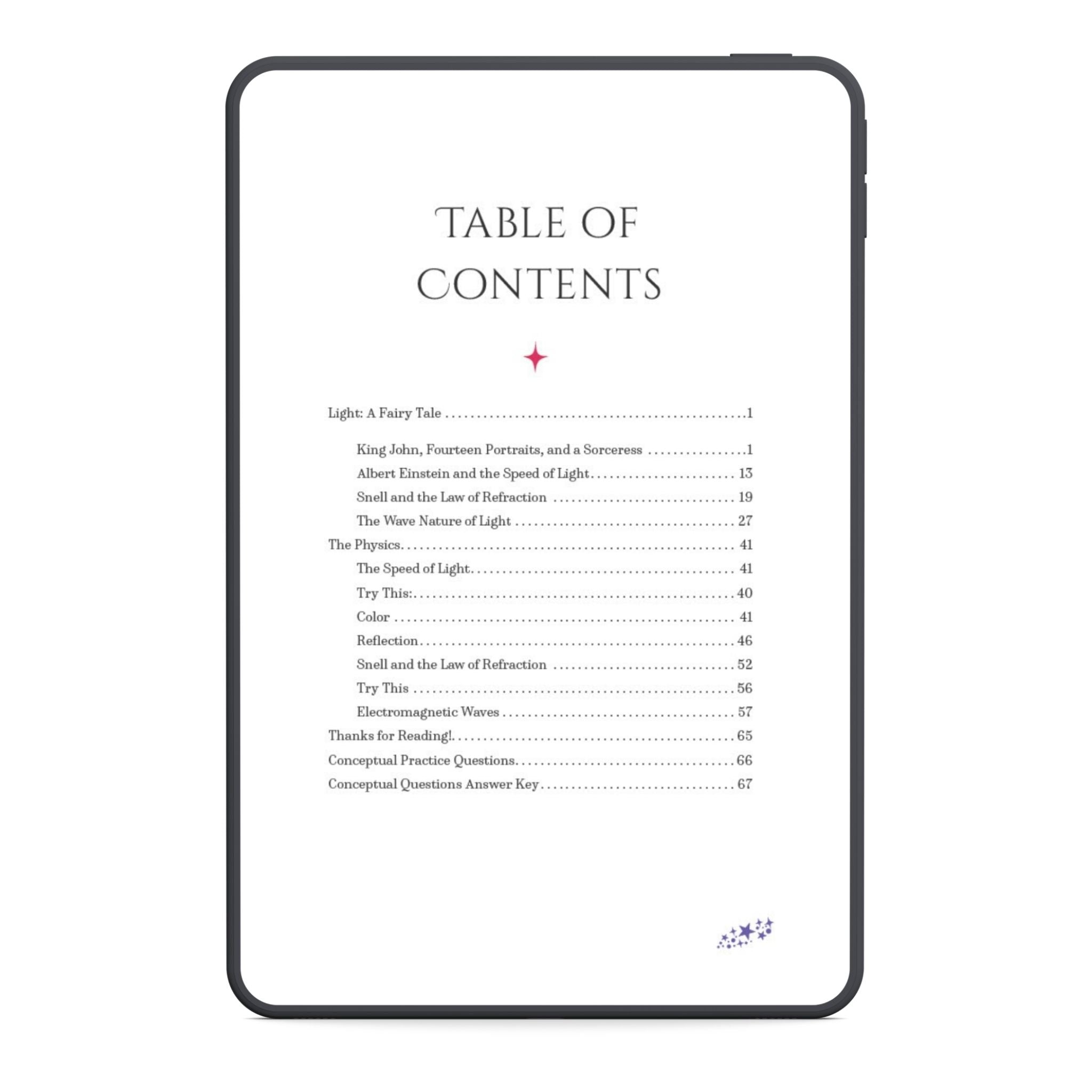 Table of contents on a tablet screen with a white background