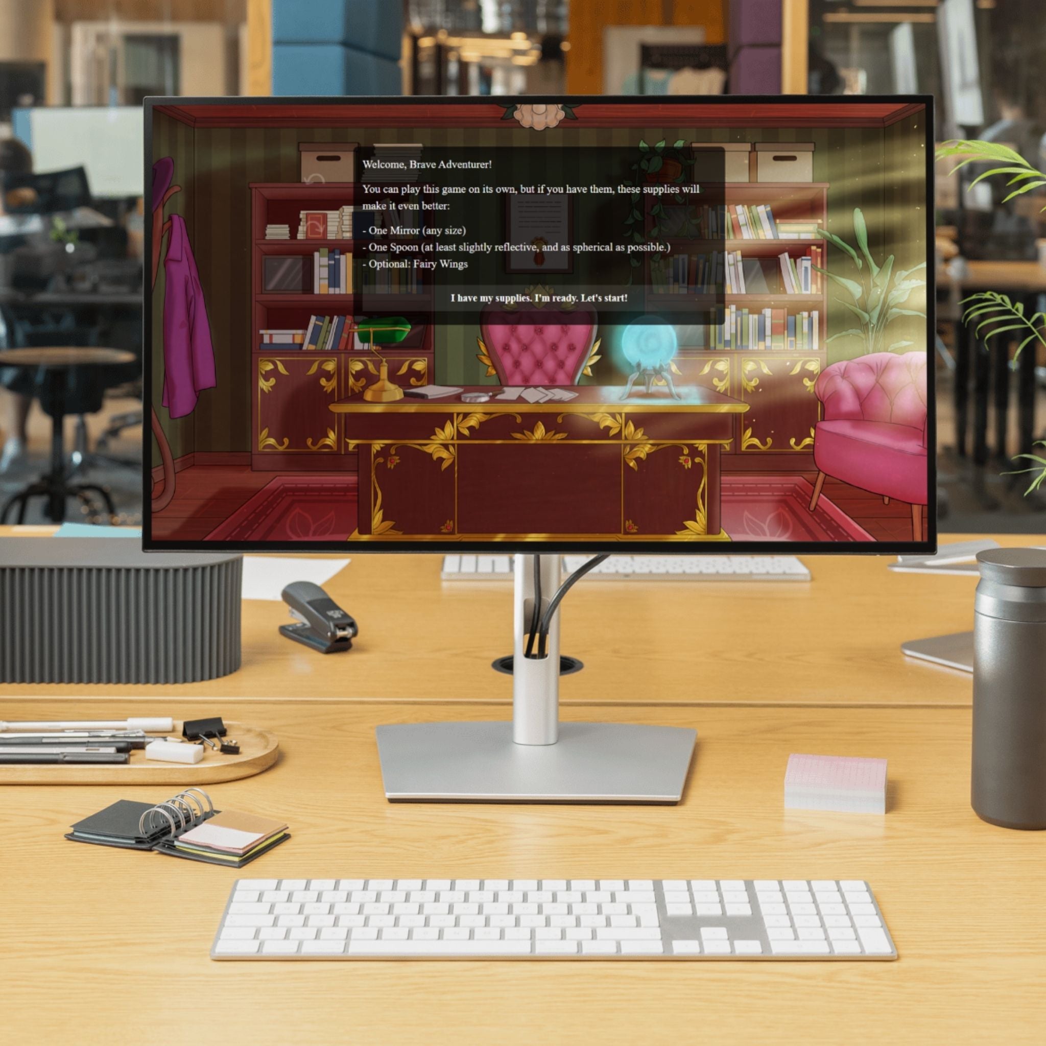 a computer screen with the game on it, a cute pink office with some text and a button