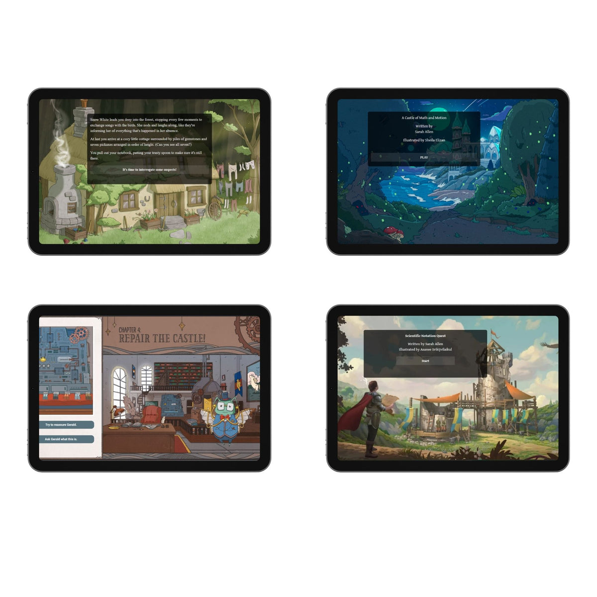 Four games shown on tablets with colorful illustrations and text