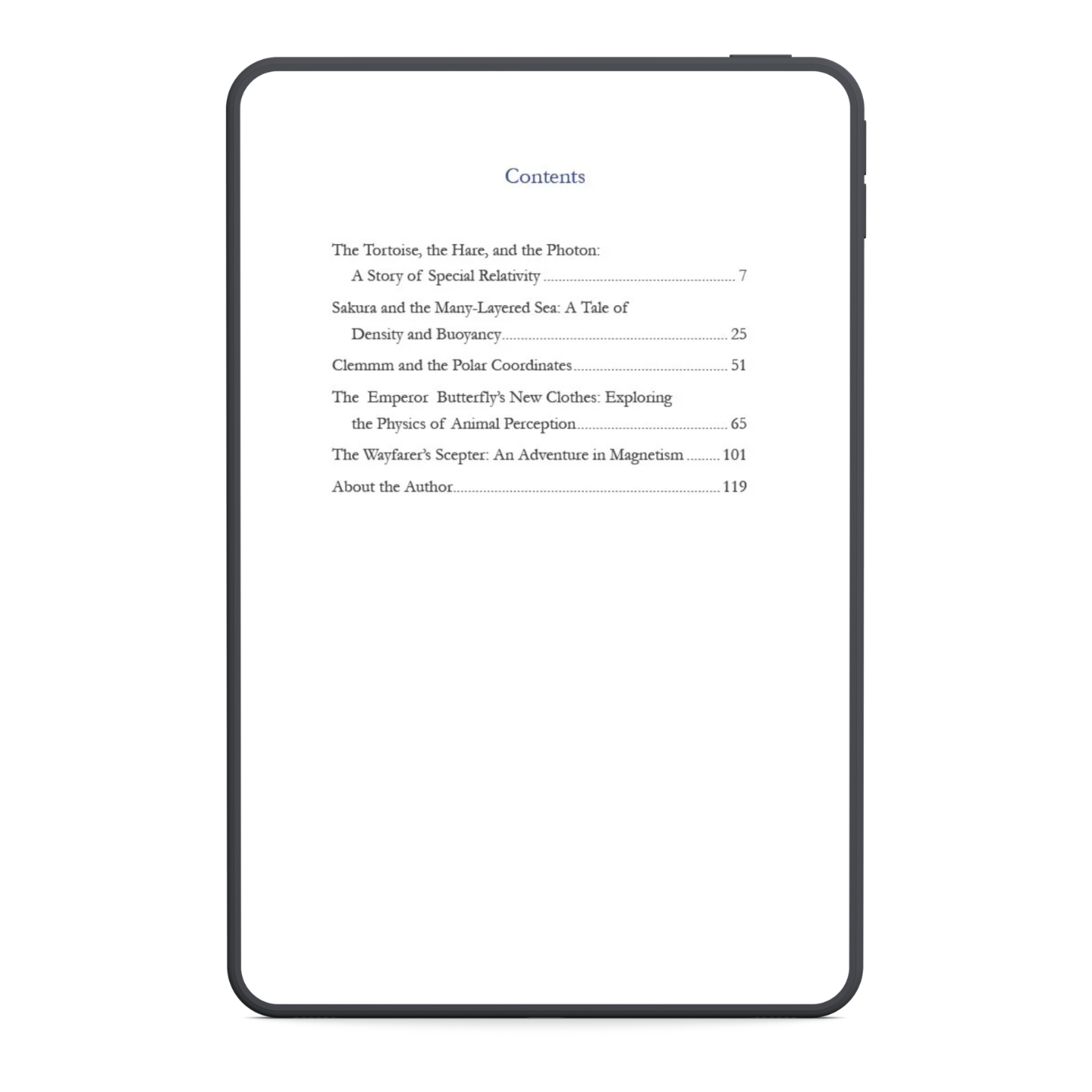 Tablet displaying a book's table of contents on a white background