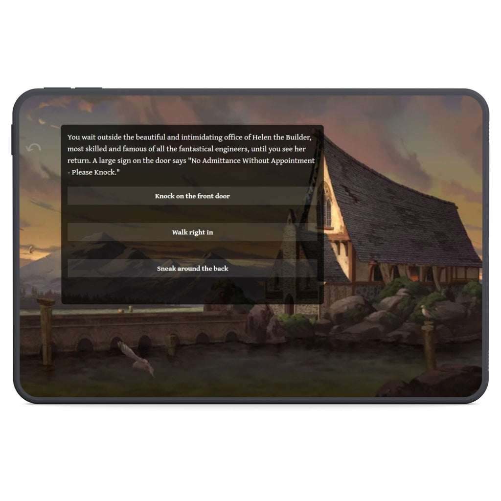 Tablet displaying a game interface with a scenic background of a building by a lake.