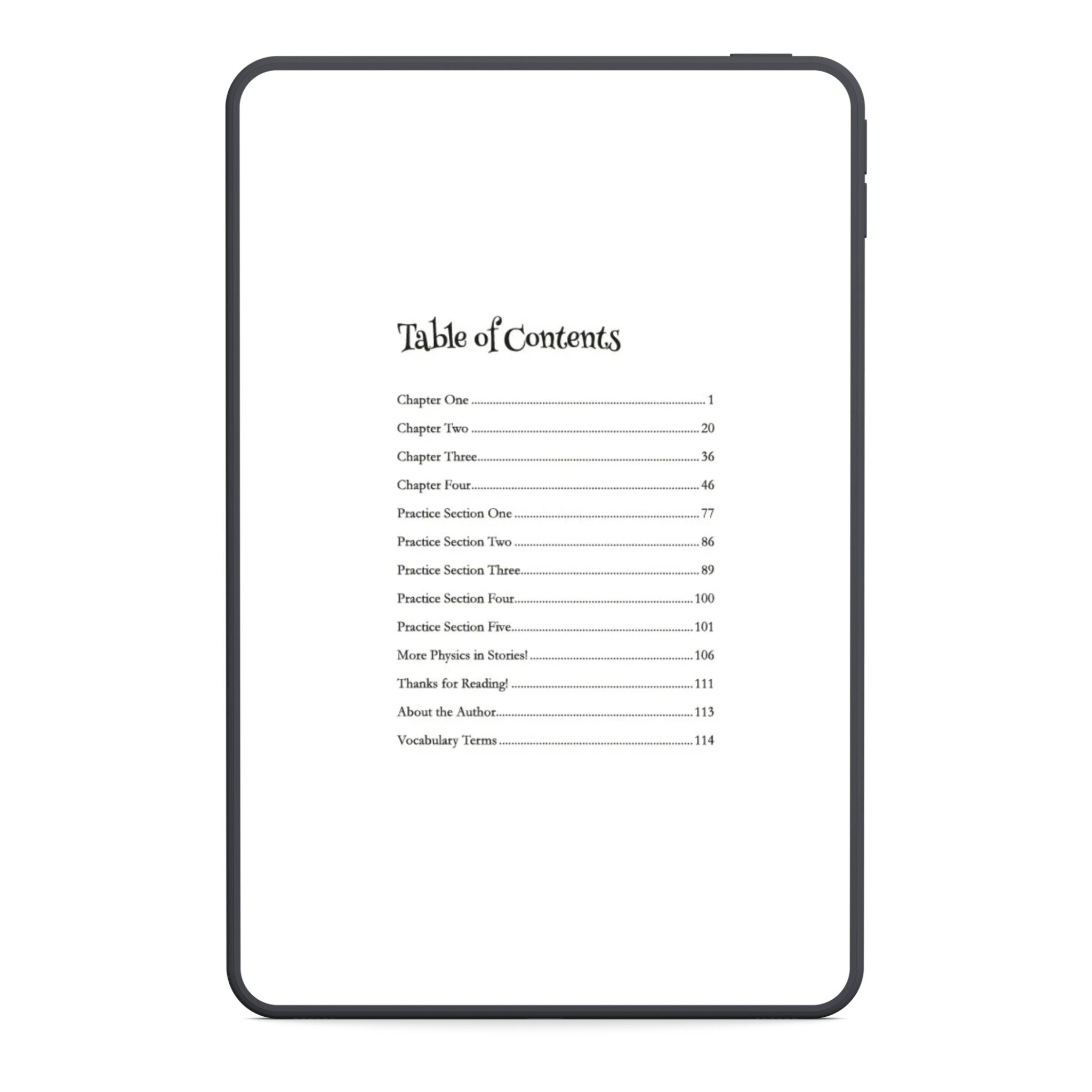 Table of contents on a tablet screen with a black border.