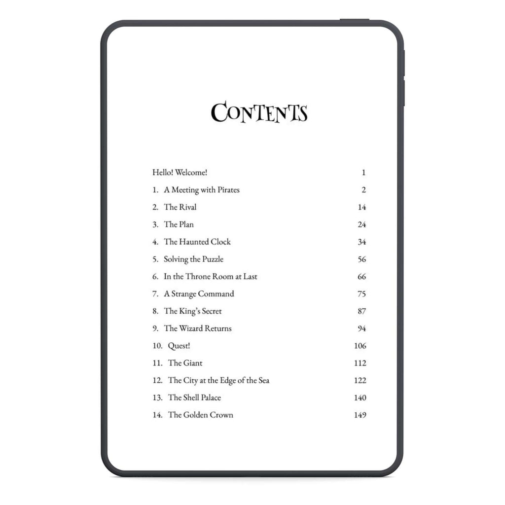The Table of Contents showing chapters like 'A Meeting with Pirates' and 'the Haunted Clock'
