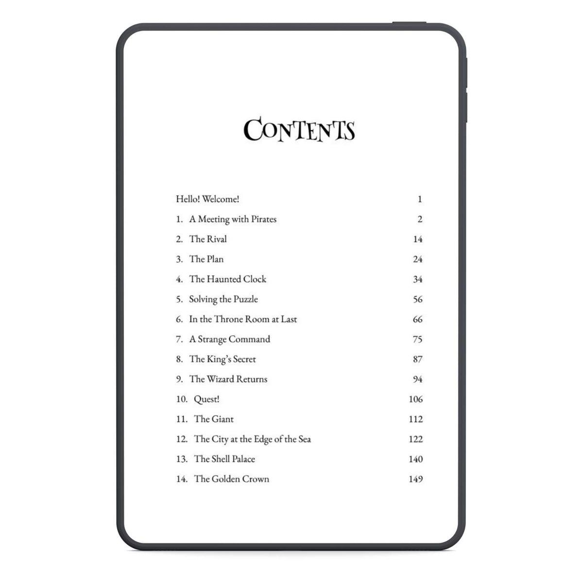 The Table of Contents showing chapters like 'A Meeting with Pirates' and 'the Haunted Clock'
