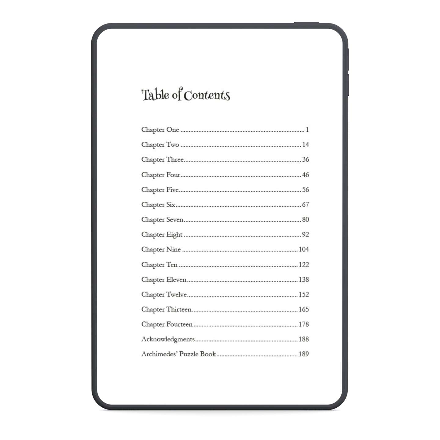 Table of contents for a book with chapter headings and page numbers.