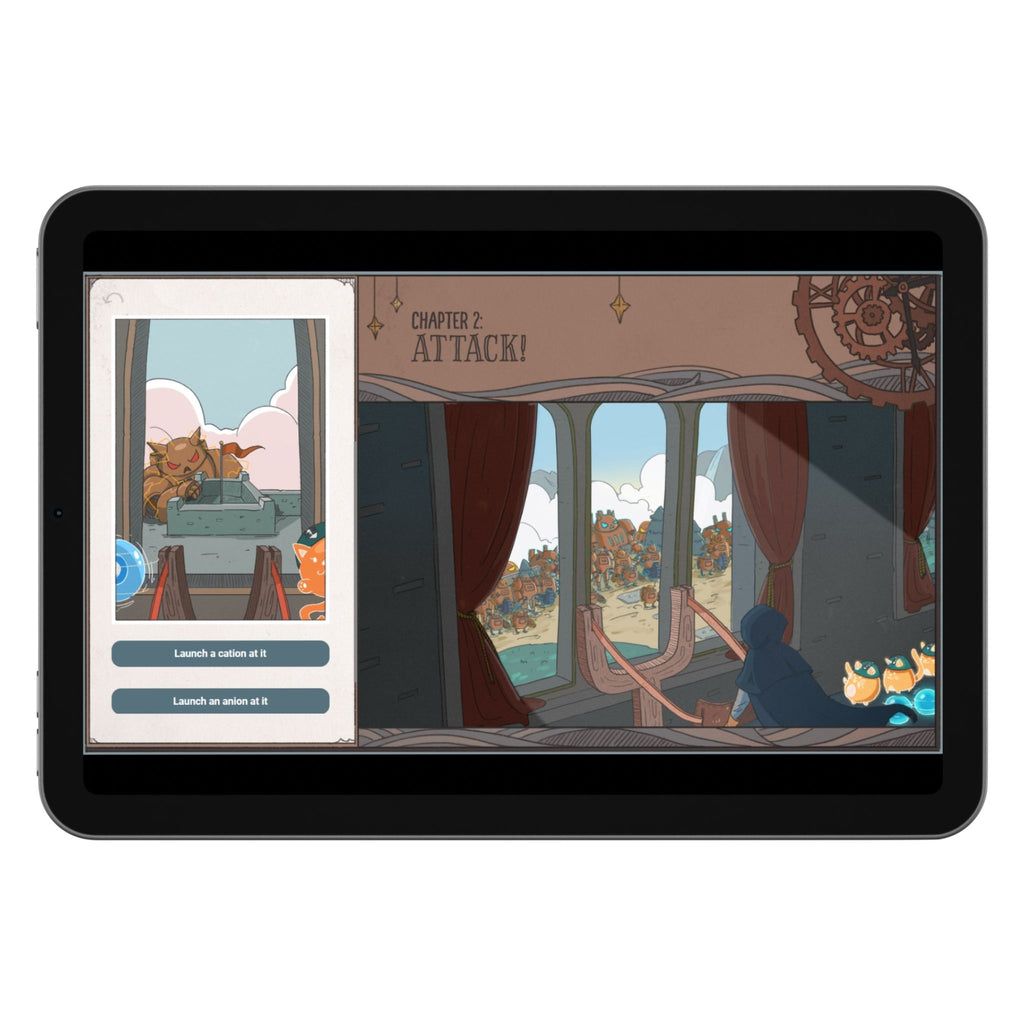 Tablet displaying a colorful animated scene with characters and text on a white background