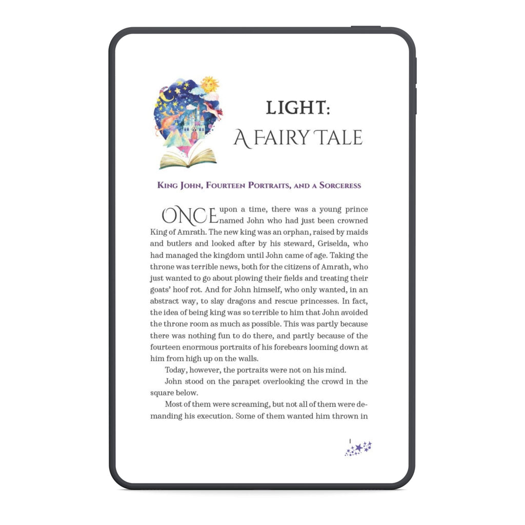 Digital device screen displaying a fairy tale story titled 'Light'.