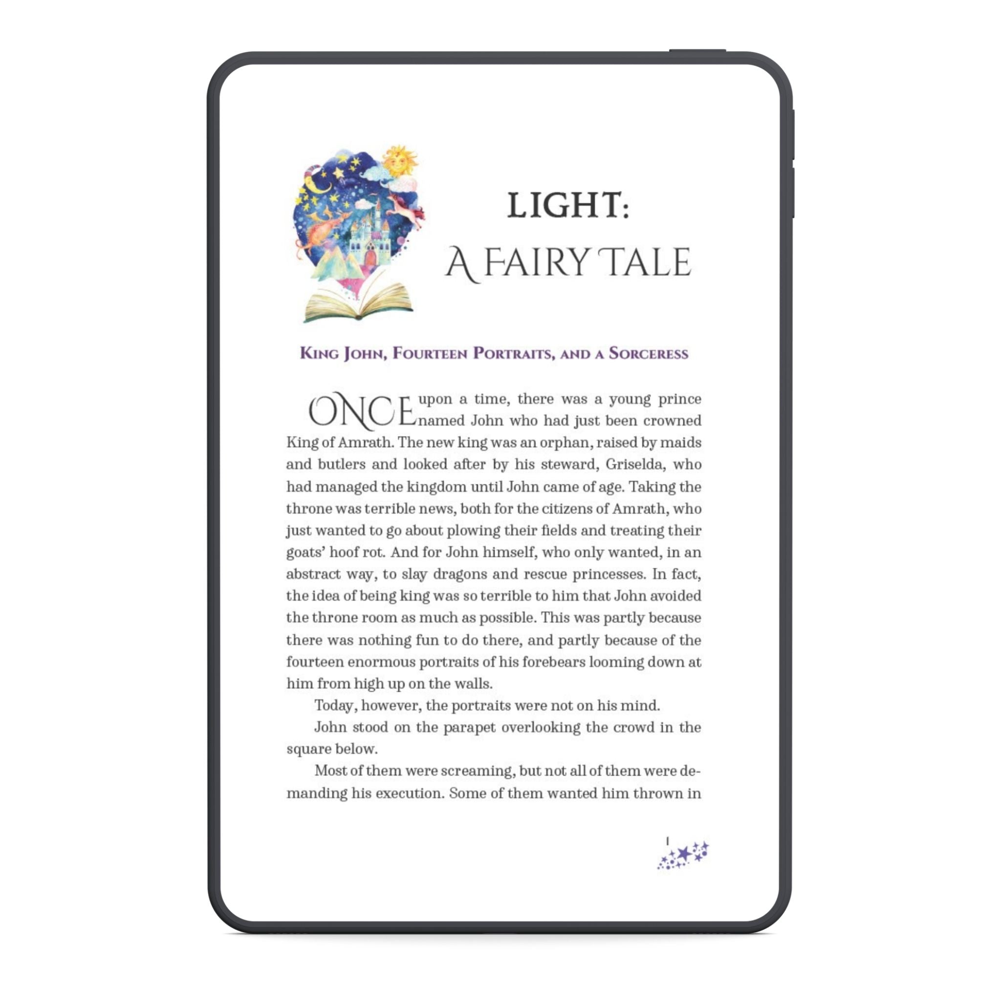 Digital device screen displaying a fairy tale story titled 'Light'.