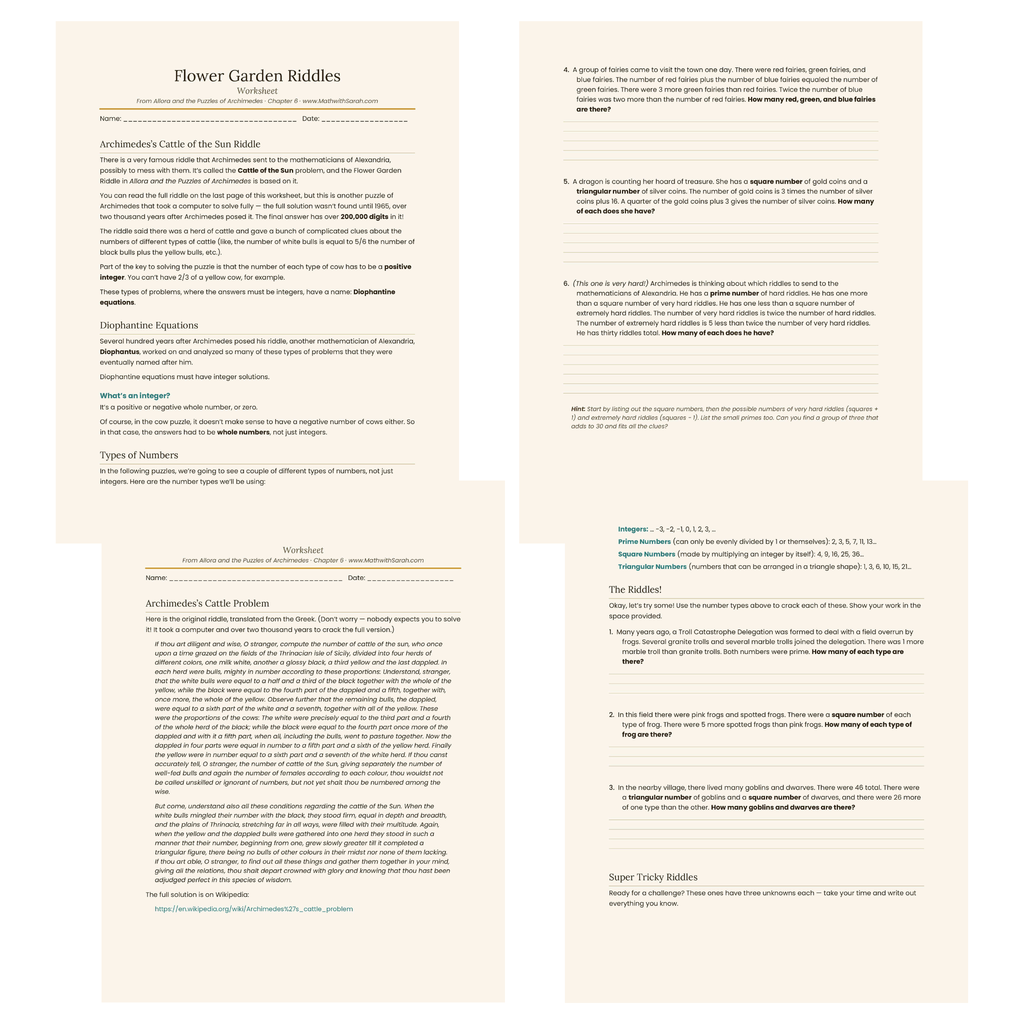 Flower Garden Riddles worksheet text document on a beige background
