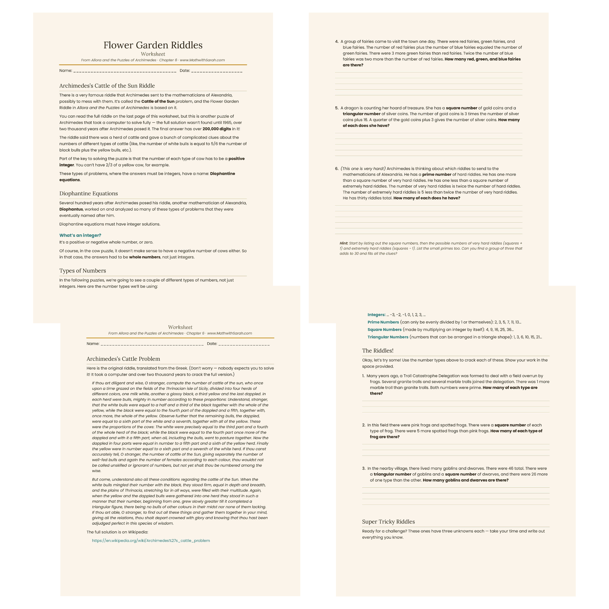 Flower Garden Riddles worksheet text document on a beige background