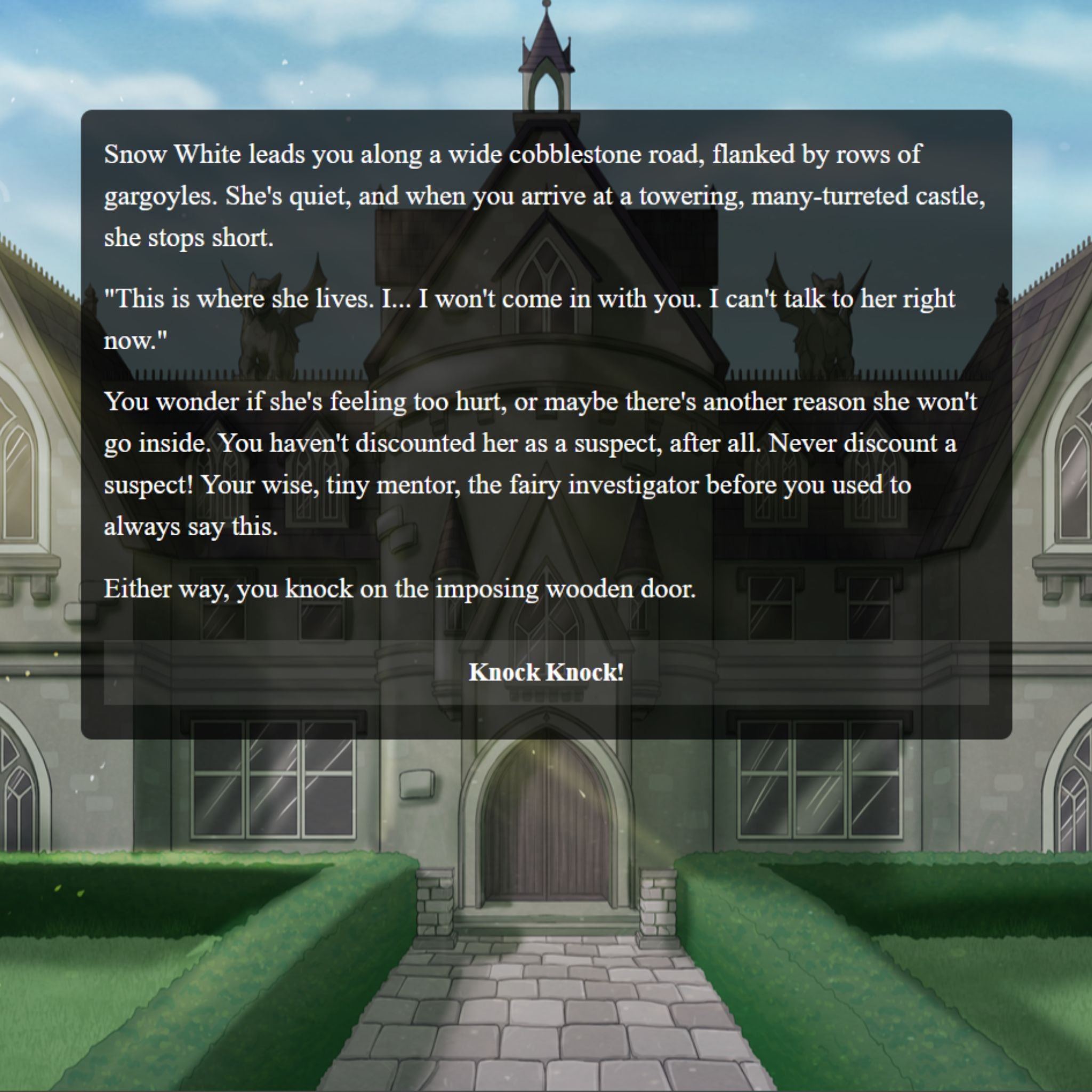 an illustration of a castle with some text and a button over it