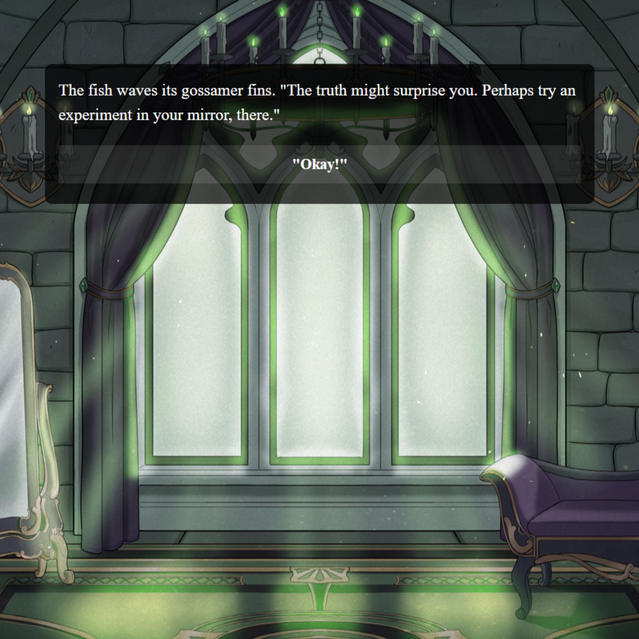 a glowing creepy window in a fairy tale castle with some text and a button