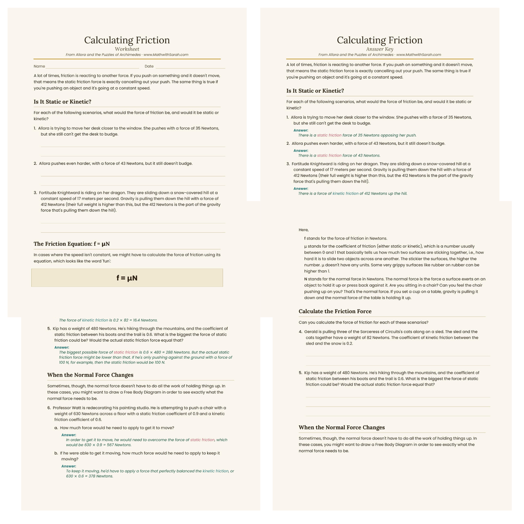 Four pages from a worksheet on calculating friction.