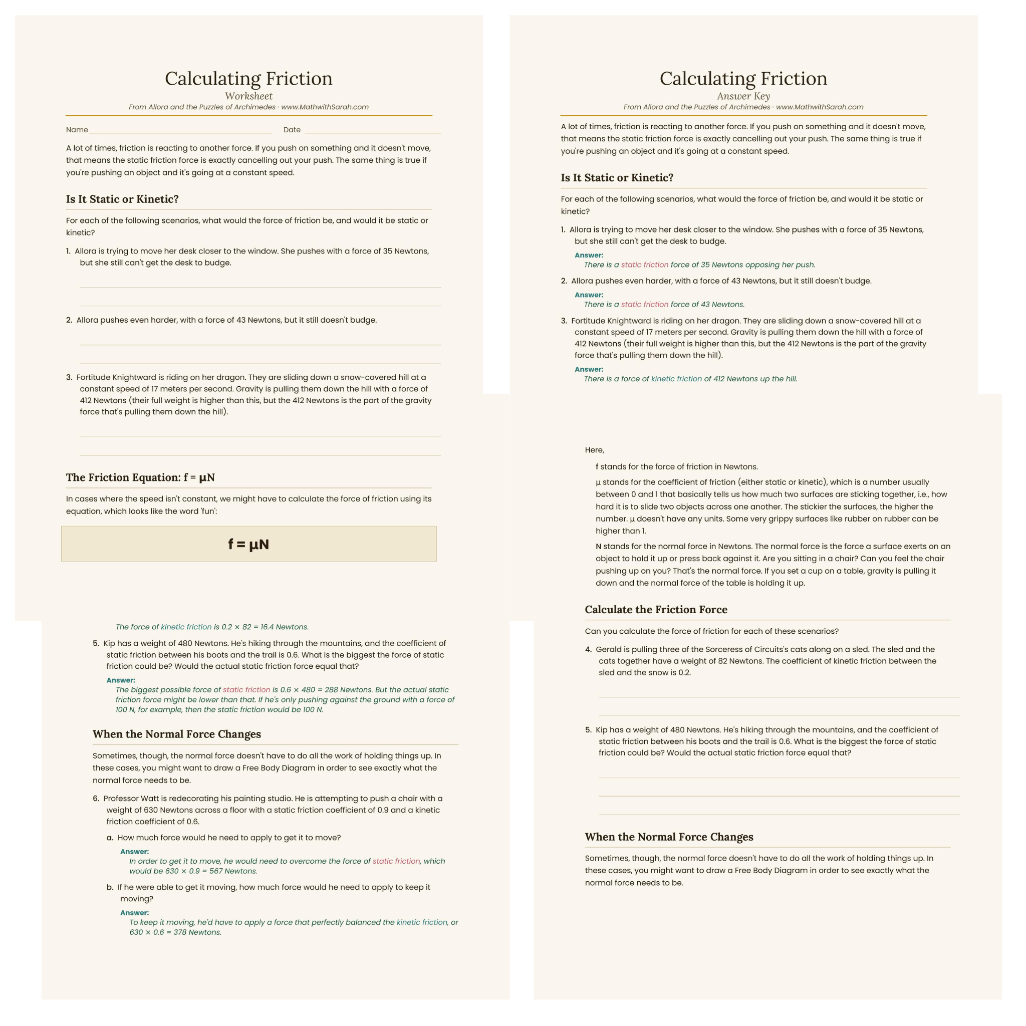 Four pages from a worksheet on calculating friction.