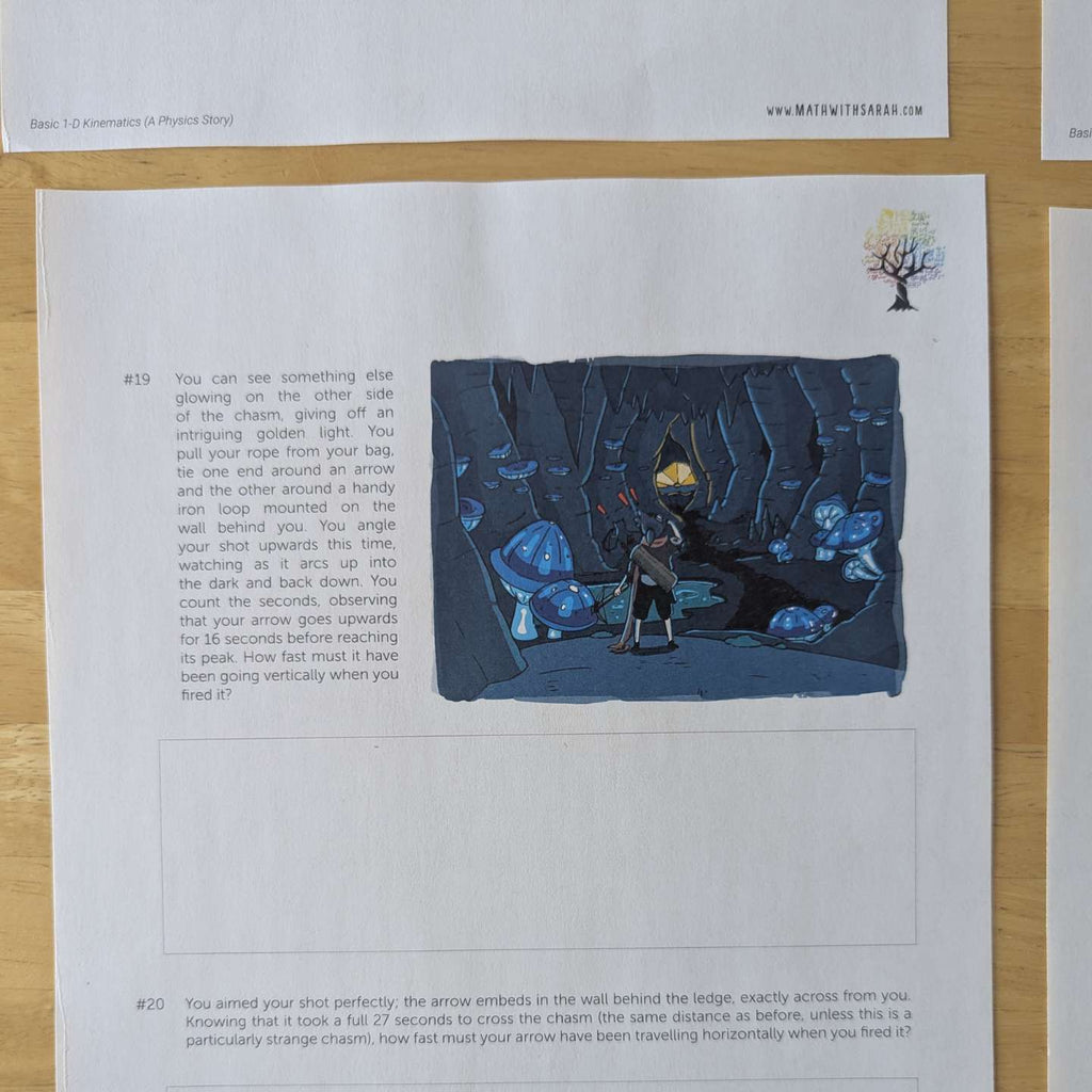 A printed worksheet or activity sheet with text prompts and a small fantasy scene illustration, photographed on a light wood surface.