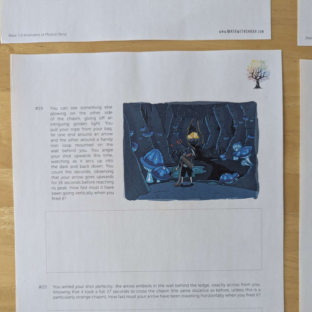 A printed worksheet or activity sheet with text prompts and a small fantasy scene illustration, photographed on a light wood surface.