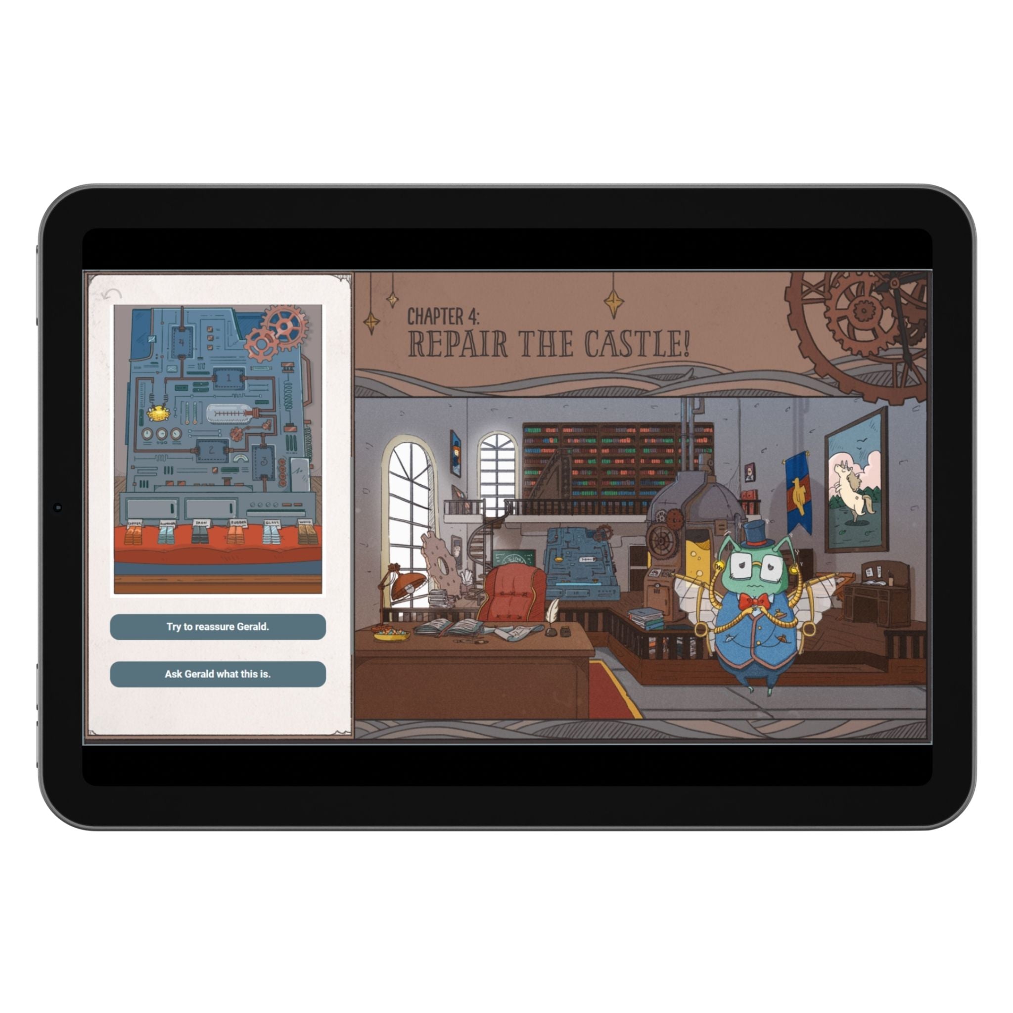 Tablet displaying a cartoon game with a bug character and a complex looking circuit panel in a room.