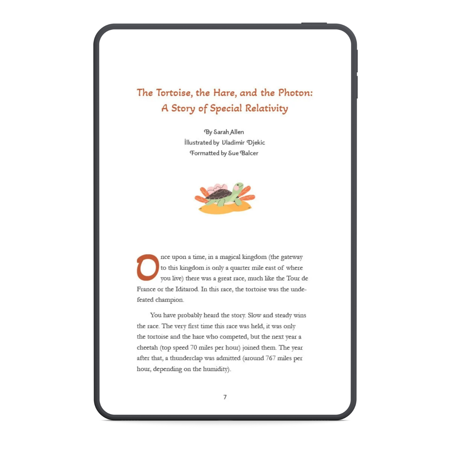 Digital book page from 'The Tortoise, the Hare, and the Photon' with text and illustration.